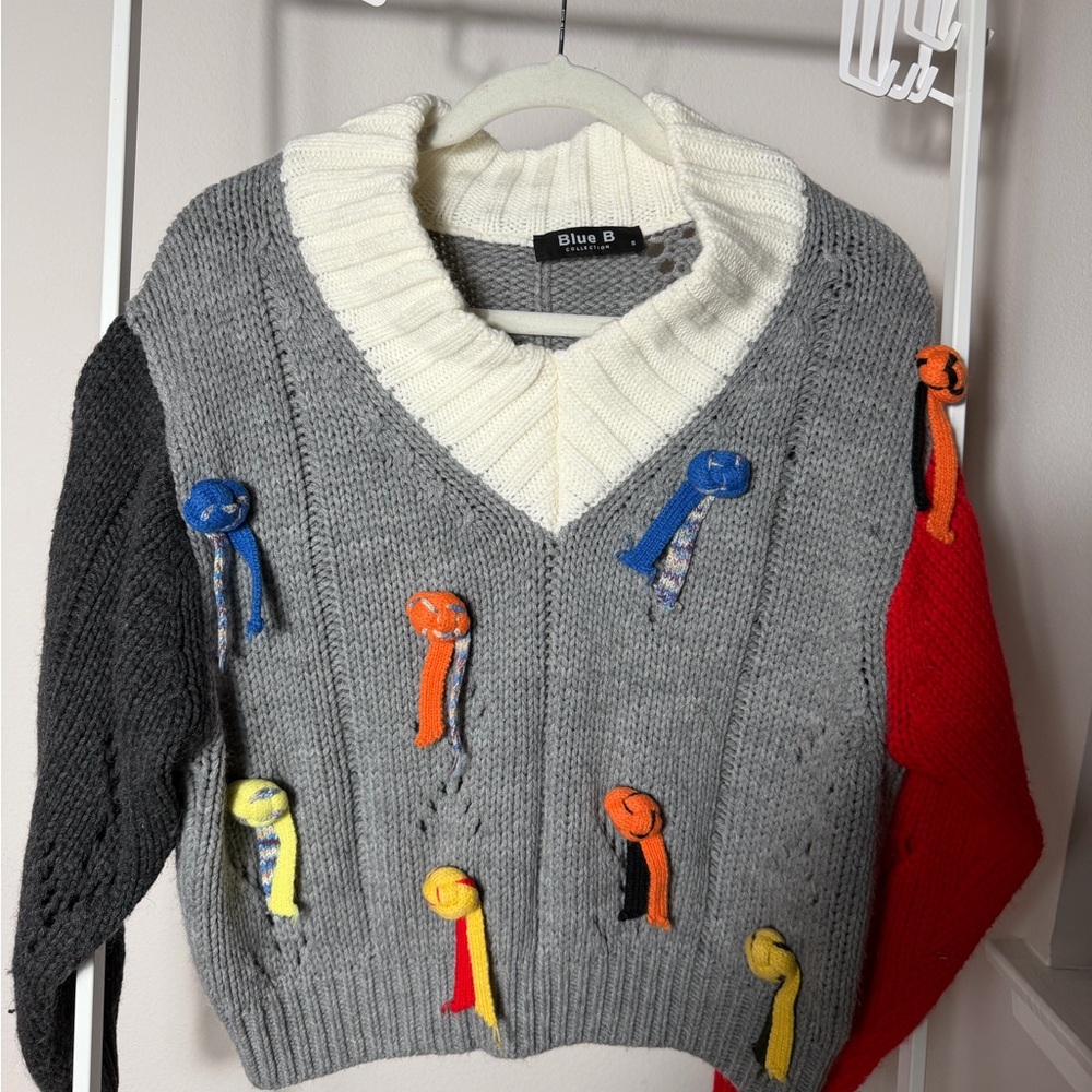 Blue B Women's V-Neck Sweater with Colorful Accents